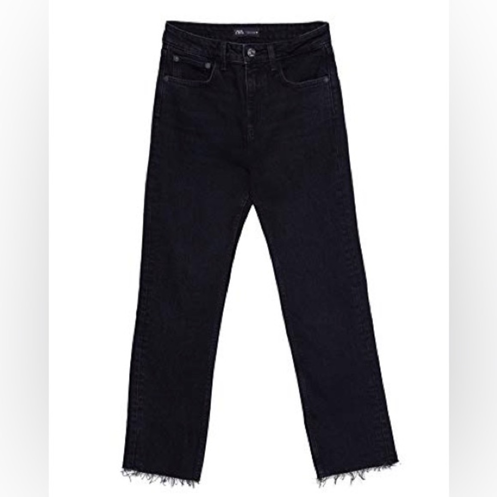 Zara Women’s Black High Rise Straight Jeans with Distressed Bottom